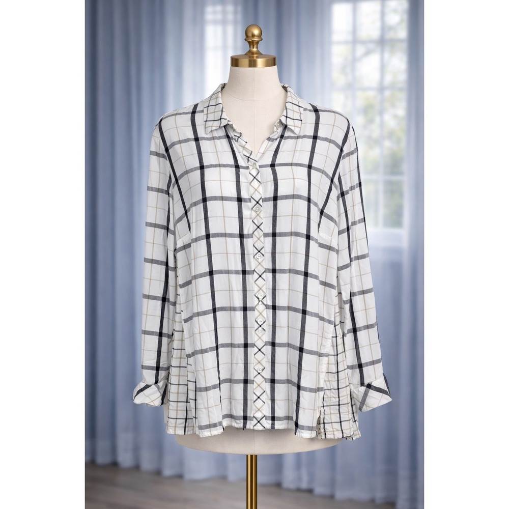 J Jill Button Up Blouse Shirt Top White Tan Black Windowpane Plaid Rayon Small